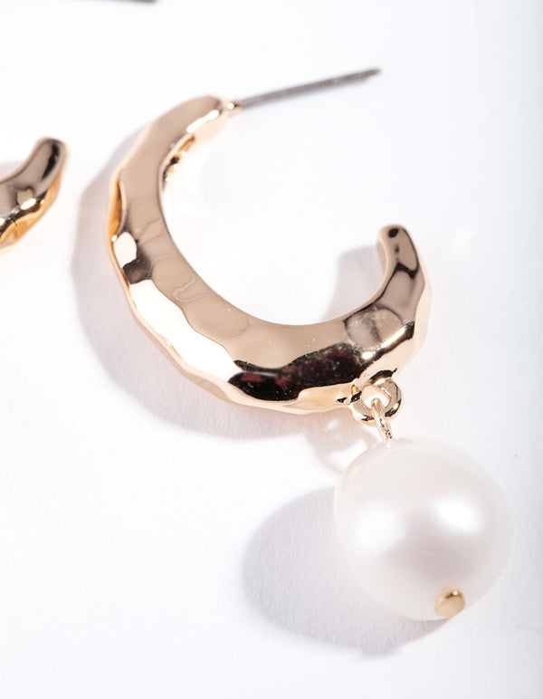 Gold Freshwater Pearl Drop Hoop Earring