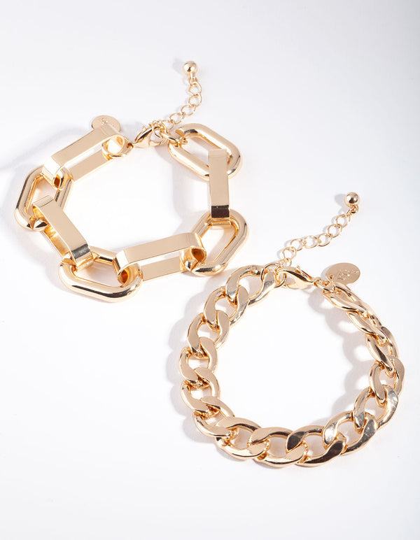 Gold Curb and Chunky Chain Link Bracelet 2 Pack