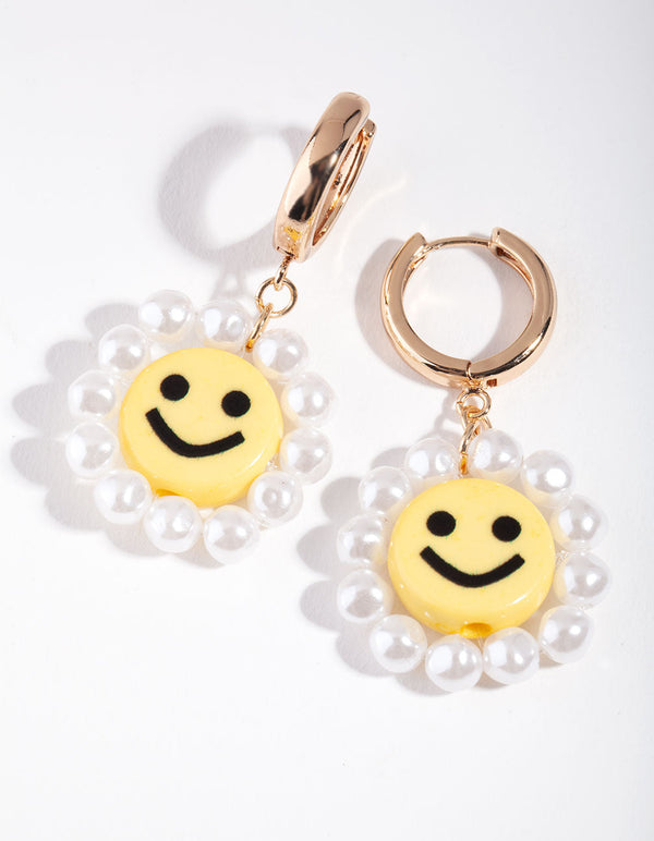 Złote kolczyki z perłami Smiley