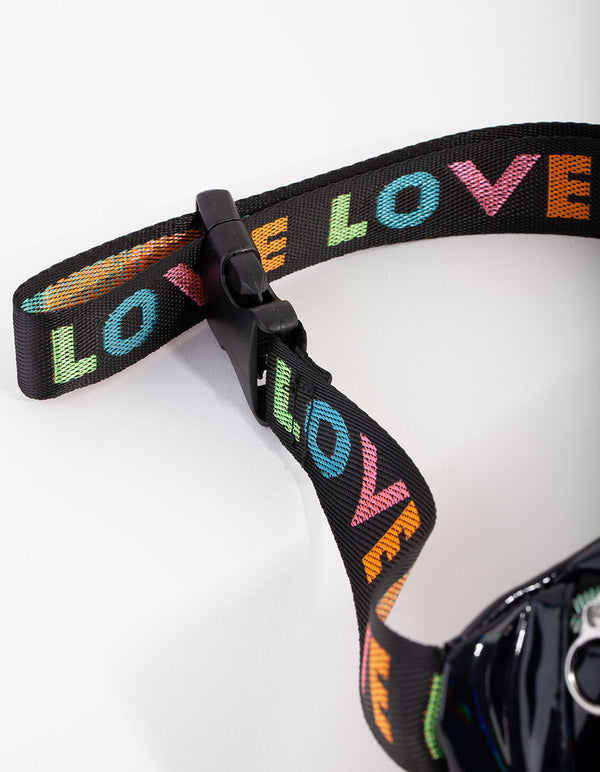Kids Mixed Material Black Polyurethane Love Strap Bum Bag