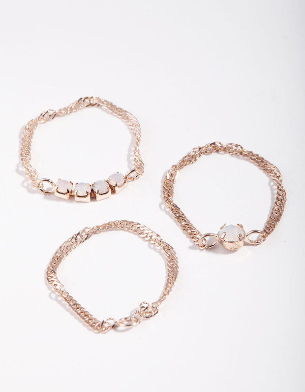 Pierścionek z łańcuszkiem Pretty Stone w kolorze różowego złota, 3 sztuki