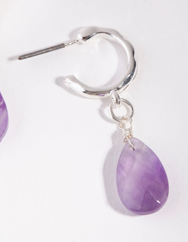 Silver Teardrop Stone Huggie Earrings