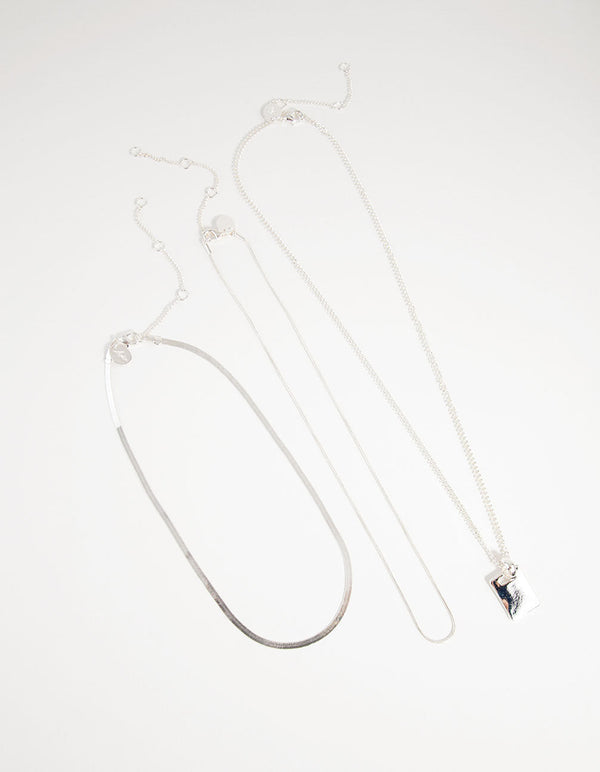Real Silver Plated Multi-Row Square Pendant Necklace