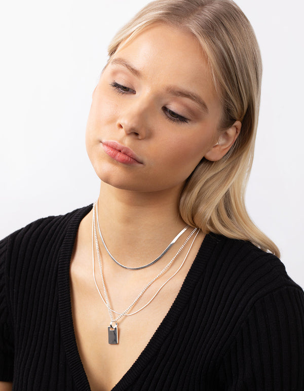 Real Silver Plated Multi-Row Square Pendant Necklace