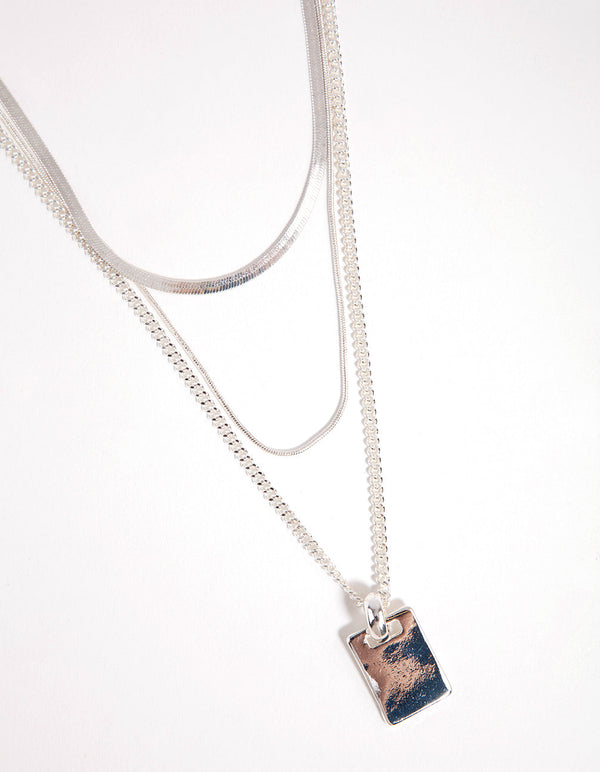 Real Silver Plated Multi-Row Square Pendant Necklace