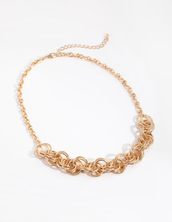 Gold Round Link Cluster Necklace