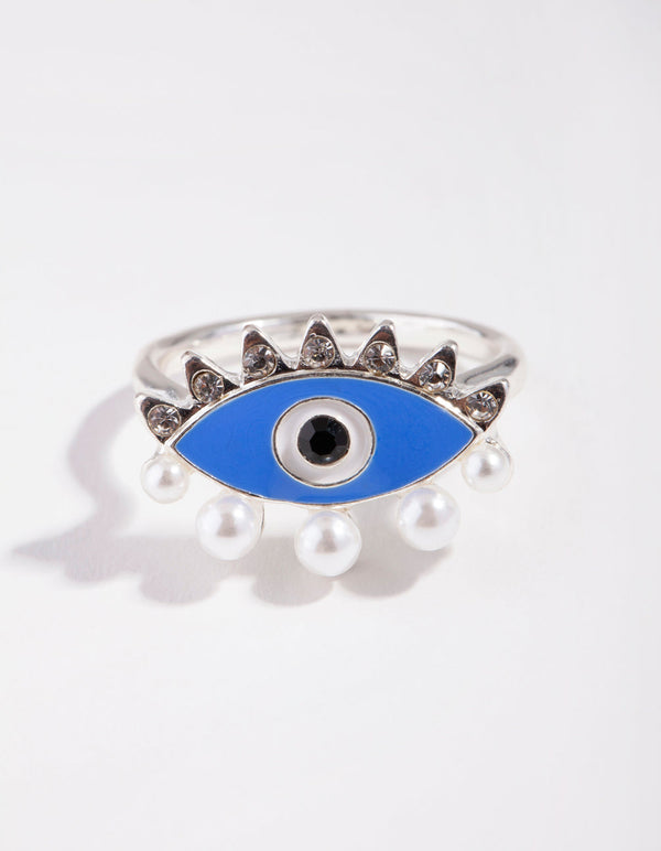 Srebrny pierścionek z perłą i diamentami Evil Eye