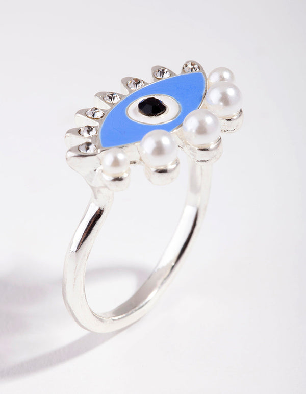 Srebrny pierścionek z perłą i diamentami Evil Eye