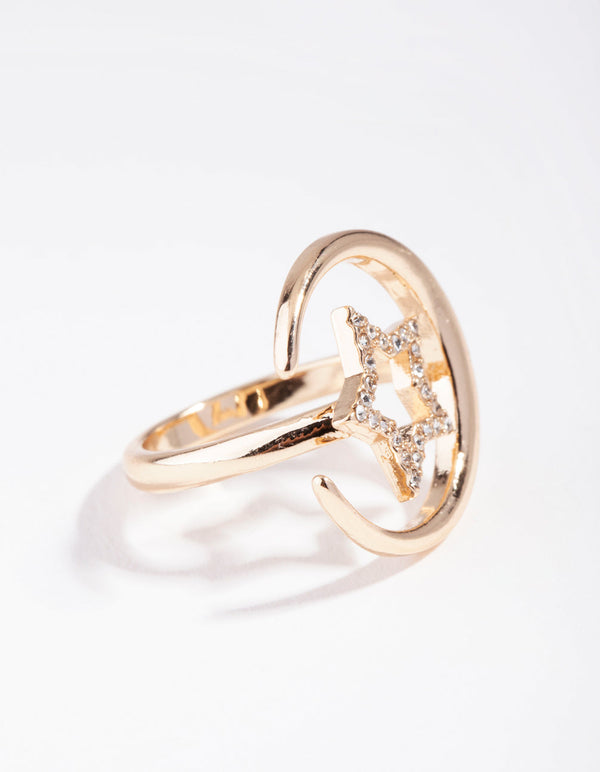 Złoty kryształowy pierścień z półksiężycem i gwiazdą