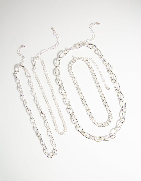 Naszyjnik choker z mieszanym srebrnym łańcuszkiem, zestaw 4 sztuk