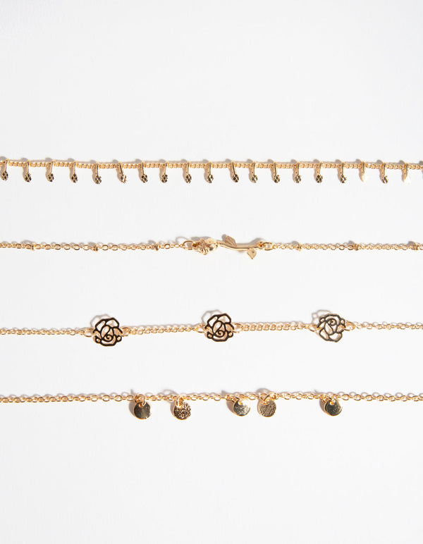 Zestaw 4 bransoletek i bransoletek na kostkę Gold Roses