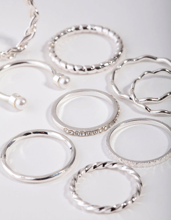 Pierścionki Midi Silver Wave i Pearl (zestaw 9 sztuk)