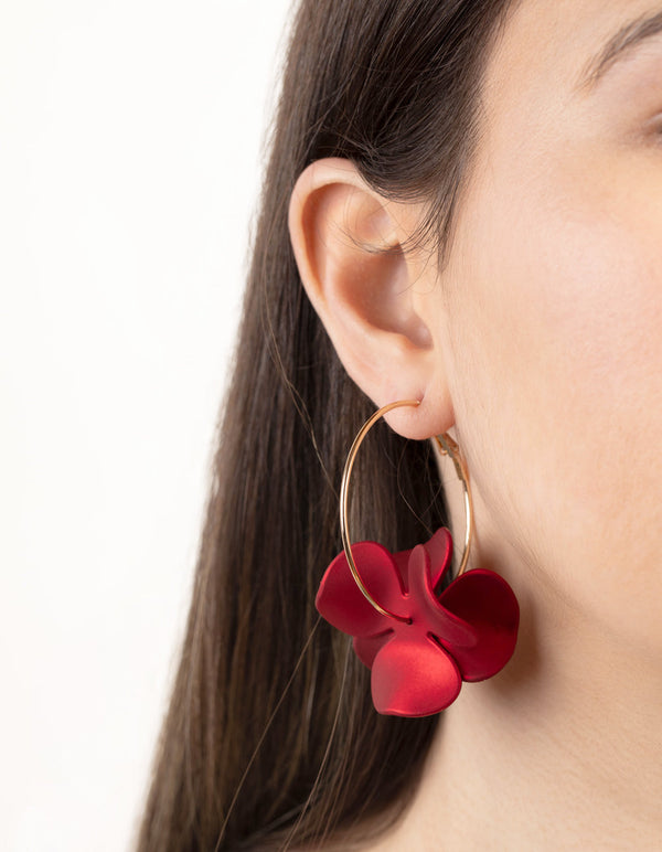 Gold Red Pearlised Flower Hoop Earrings