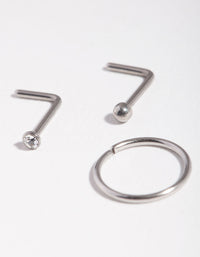 Neusring van chirurgisch staal met rhodium en diamant, 3-pack - link has visual effect only