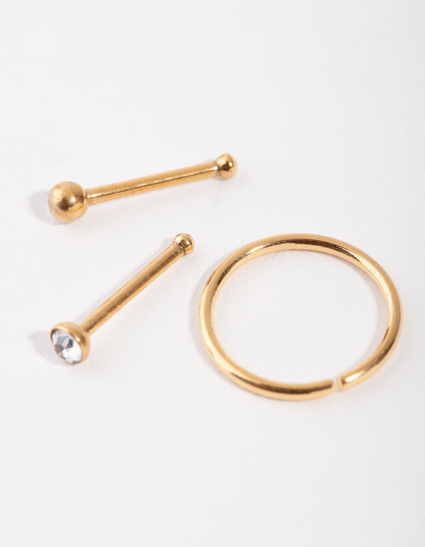 Gold Ball and Diamante 3-Pack Nose Rings