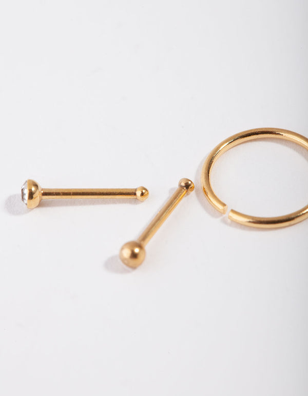 Gold Ball and Diamante 3-Pack Nose Rings