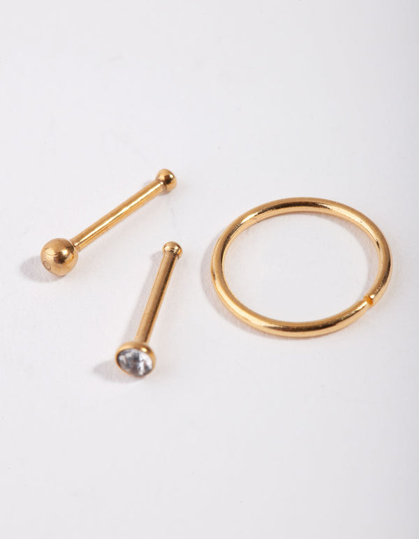 Gold Ball and Diamante 3-Pack Nose Rings