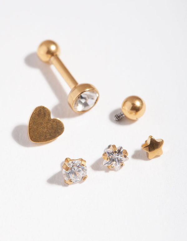 Gold Cubic Zirconia Heart 6-Pack Barbell