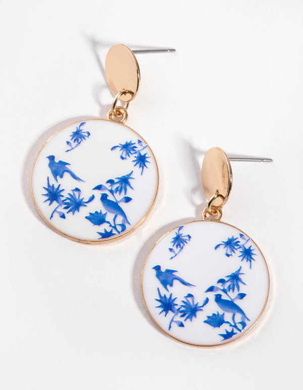 Gold and Blue Enamel Bird Drop Earrings