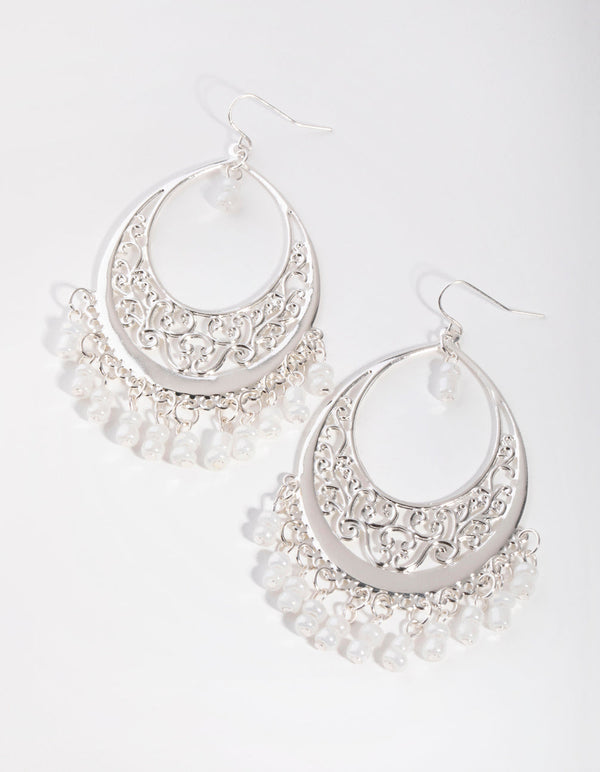 Silver Filigree Teardrop Beaded Bottom Earrings