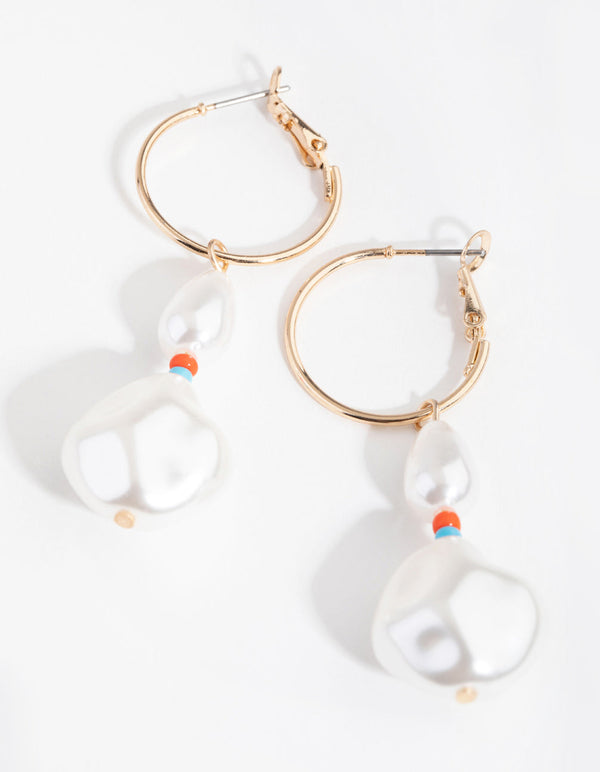 Gold Bead and Pearl Hoop Earrings