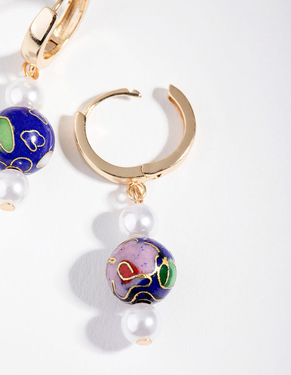 Złote kolczyki z perłami Cloisonne