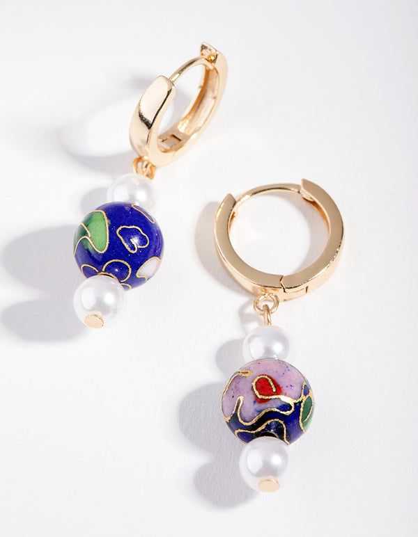 Złote kolczyki z perłami Cloisonne