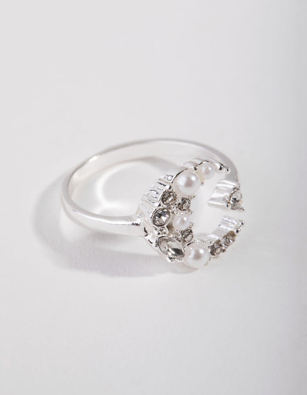 Silver Pearl Moon Ring