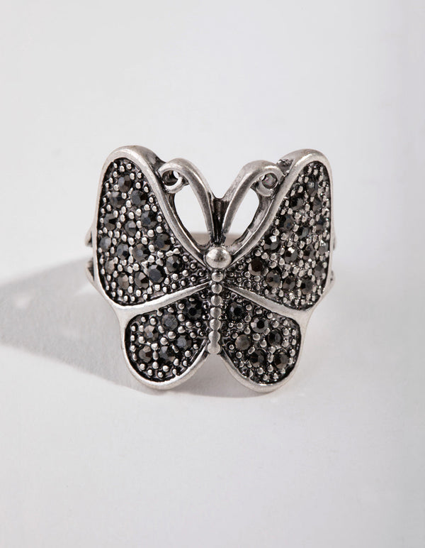 Silver Black Detailed Butterfly Ring