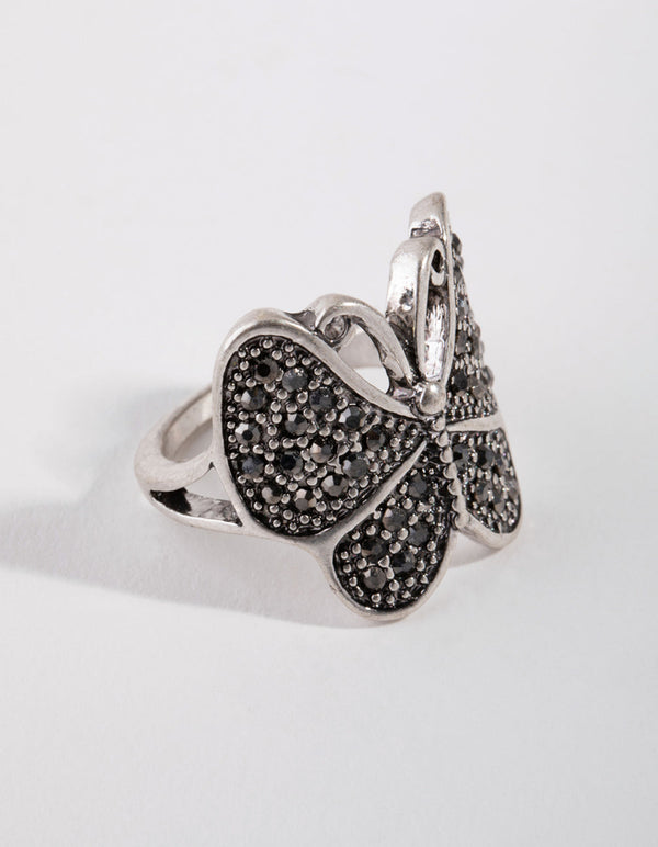 Silver Black Detailed Butterfly Ring