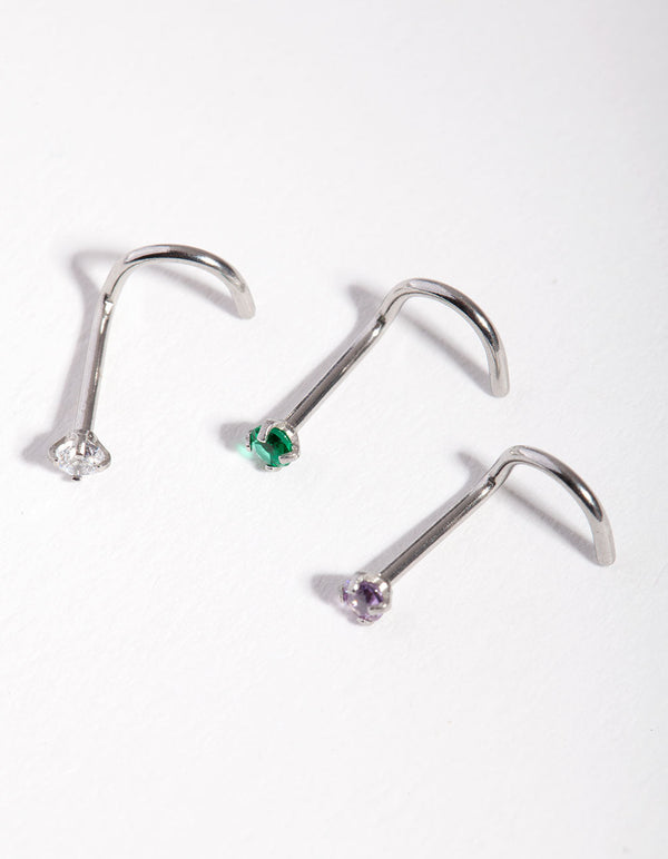 Surgical Steel Rhodium Classic Gem 3-Pack Nose Studs