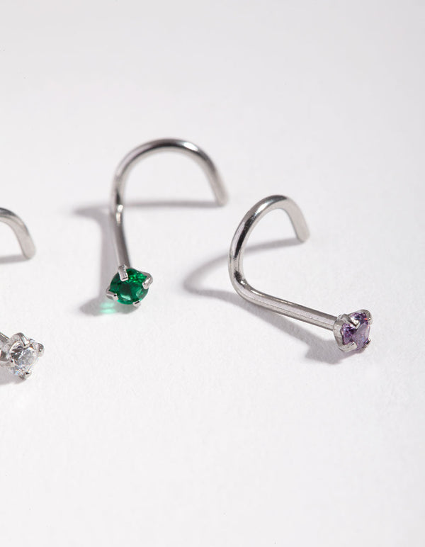 Surgical Steel Rhodium Classic Gem 3-Pack Nose Studs