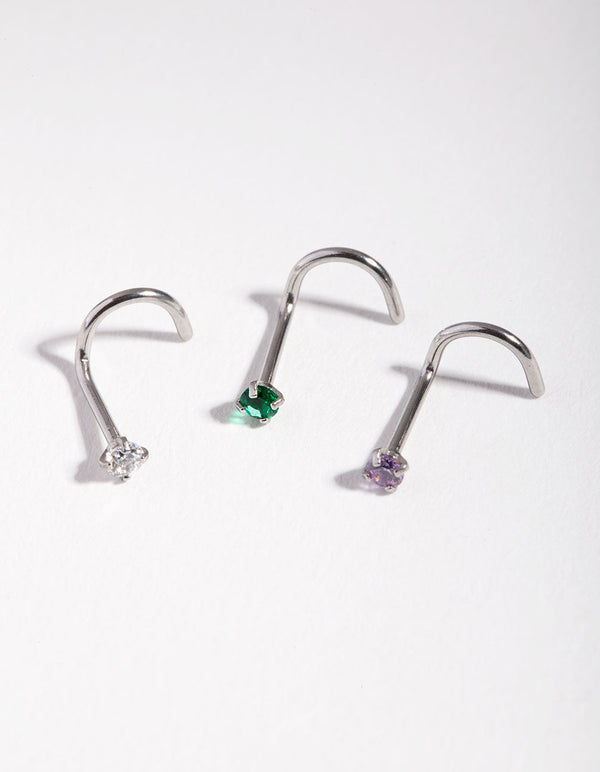 Surgical Steel Rhodium Classic Gem 3-Pack Nose Studs