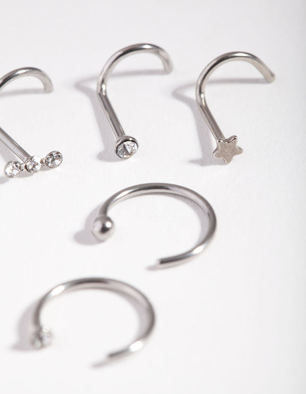 Rhodium Starry Diamante Nose Piercing 6-Pack
