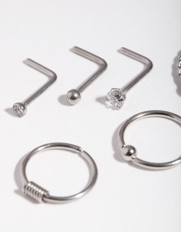 Surgical Steel Rhodium Diamante Twist 6-Pack Nose Studs