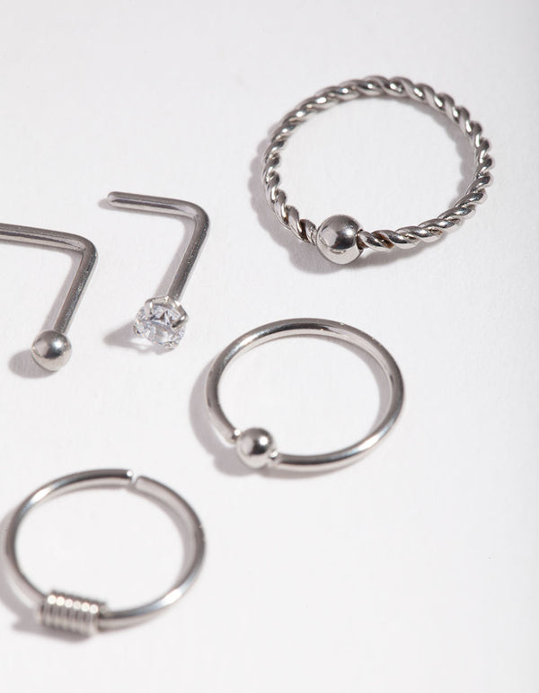 Surgical Steel Rhodium Diamante Twist 6-Pack Nose Studs