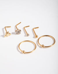 Gouden neuspiercing van chirurgisch staal met bloem en bij, 6-pack - link has visual effect only