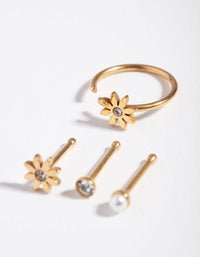 Surgical Steel Gold Flower Pearl 4-Pack Nose Studs - link has visual effect only