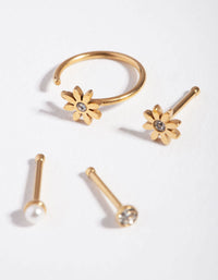 Surgical Steel Gold Flower Pearl 4-Pack Nose Studs - link has visual effect only
