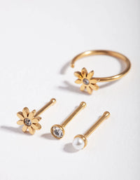 Surgical Steel Gold Flower Pearl 4-Pack Nose Studs - link has visual effect only