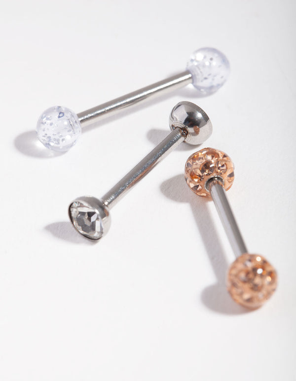 Surgical Steel Opal Diamante 3-Pack Tongue Rings