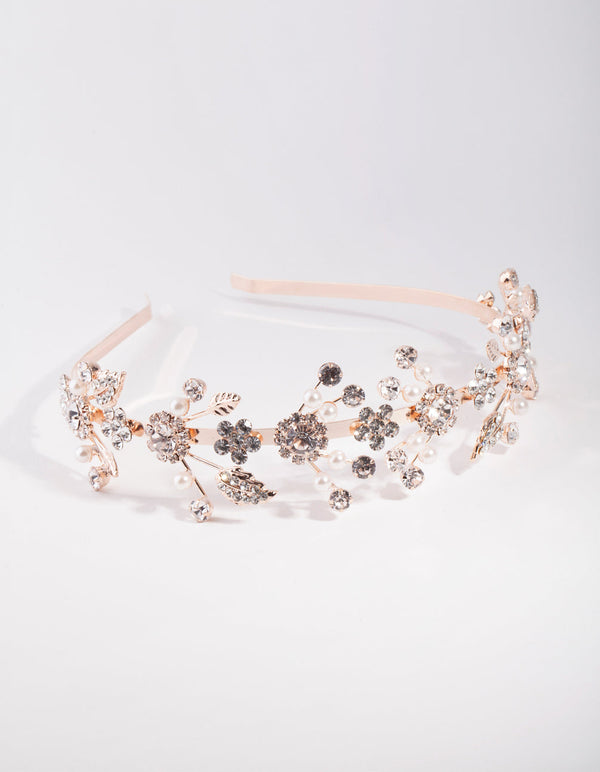 Rose Gold Leaf Diamante Pearl Spray Alice Band