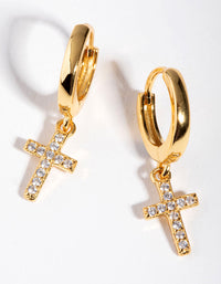Gold Sterling Silver Plated Cubic Zirconia Cross Huggie Earrings - link has visual effect only