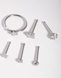 Surgical Steel Rhodium Cubic Zirconia Star 6-Pack Nose Studs - link has visual effect only