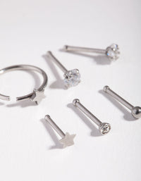 Surgical Steel Rhodium Cubic Zirconia Star 6-Pack Nose Studs - link has visual effect only
