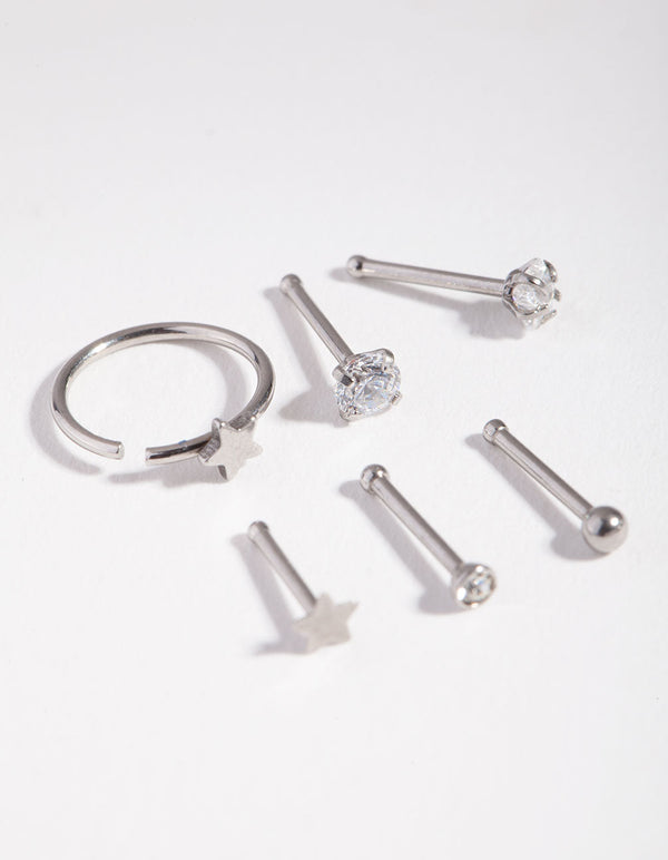 Surgical Steel Rhodium Cubic Zirconia Star 6-Pack Nose Studs