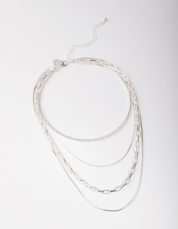 Silver Cubic Zirconia Link 4-Row Choker Necklace