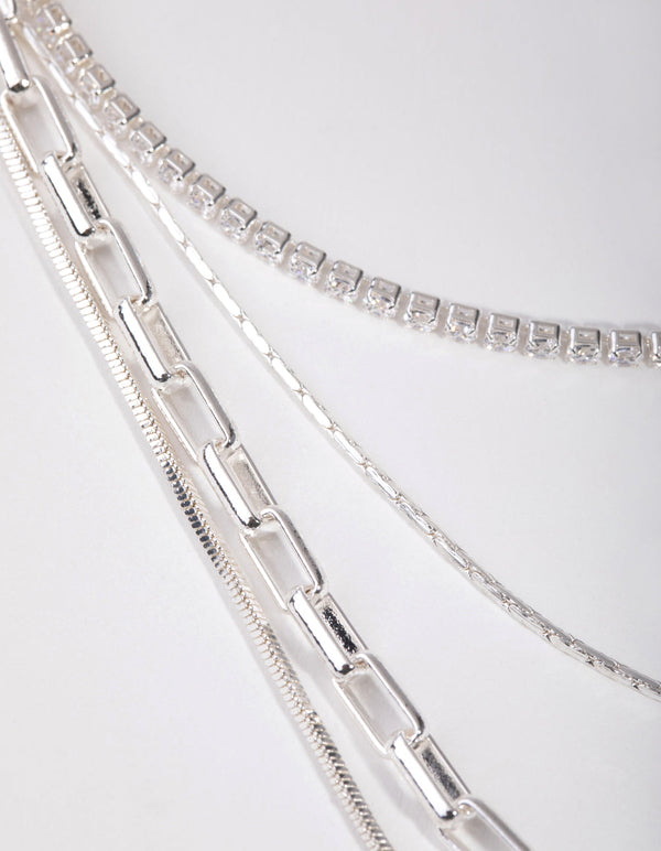 Silver Cubic Zirconia Link 4-Row Choker Necklace