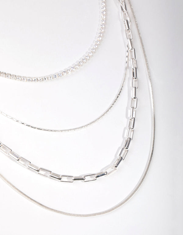 Silver Cubic Zirconia Link 4-Row Choker Necklace