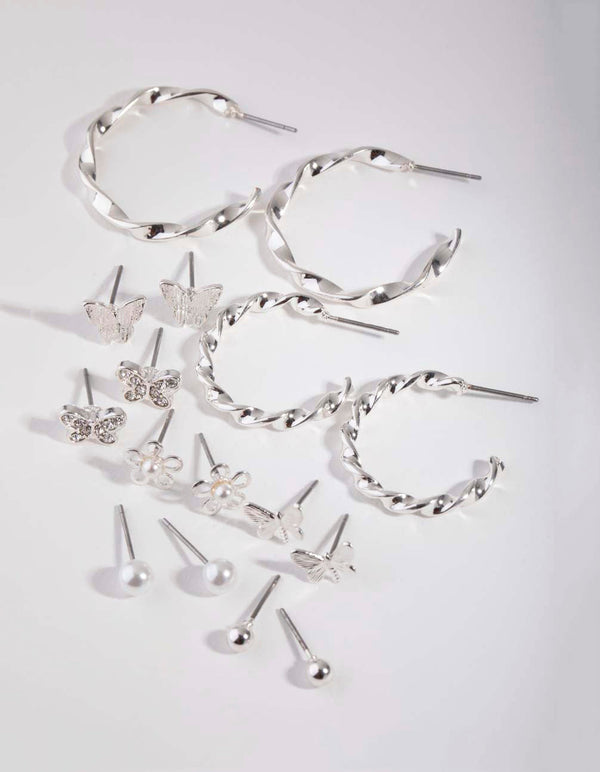 Zestaw ośmiu obręczy Silver Butterfly Mix Hoop